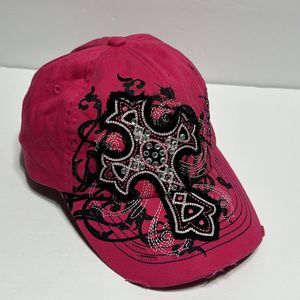 Kbethos Womens Hat Adjustable Strap Baseball Pink Cross Distressed